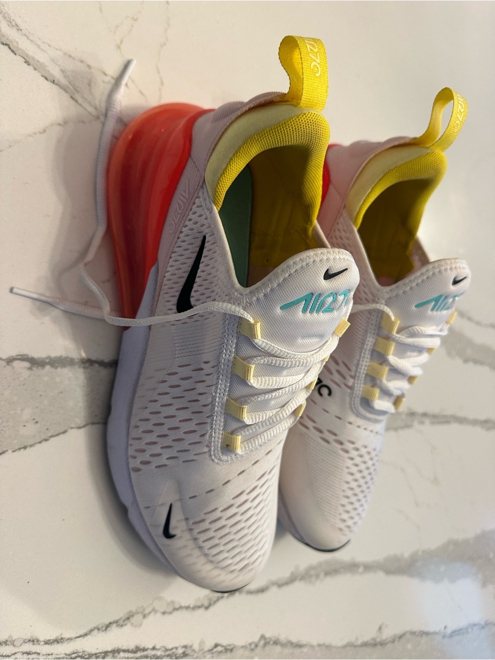 Nike Women's White Sneakers with Yellow Lining and Pink Heel Cushion - Picture 3 of 6